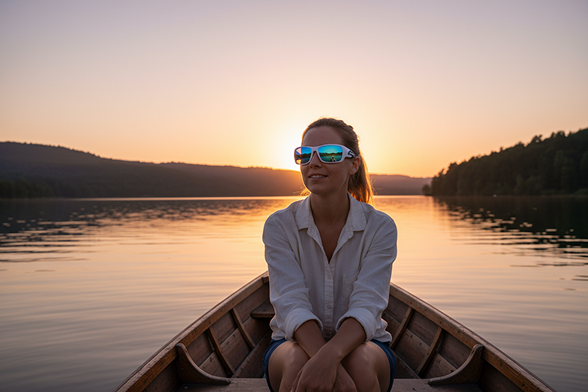 Una mujer en un bote en el lago